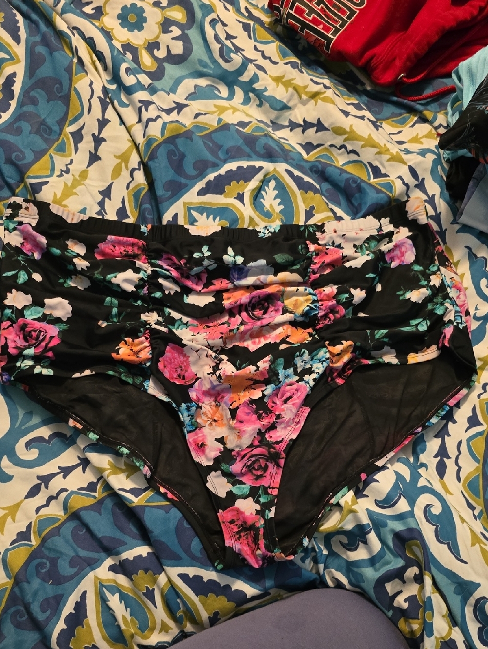 Torrid Black Floral High-Waist Swim Bottoms with Teal & Pink Accents Size 4